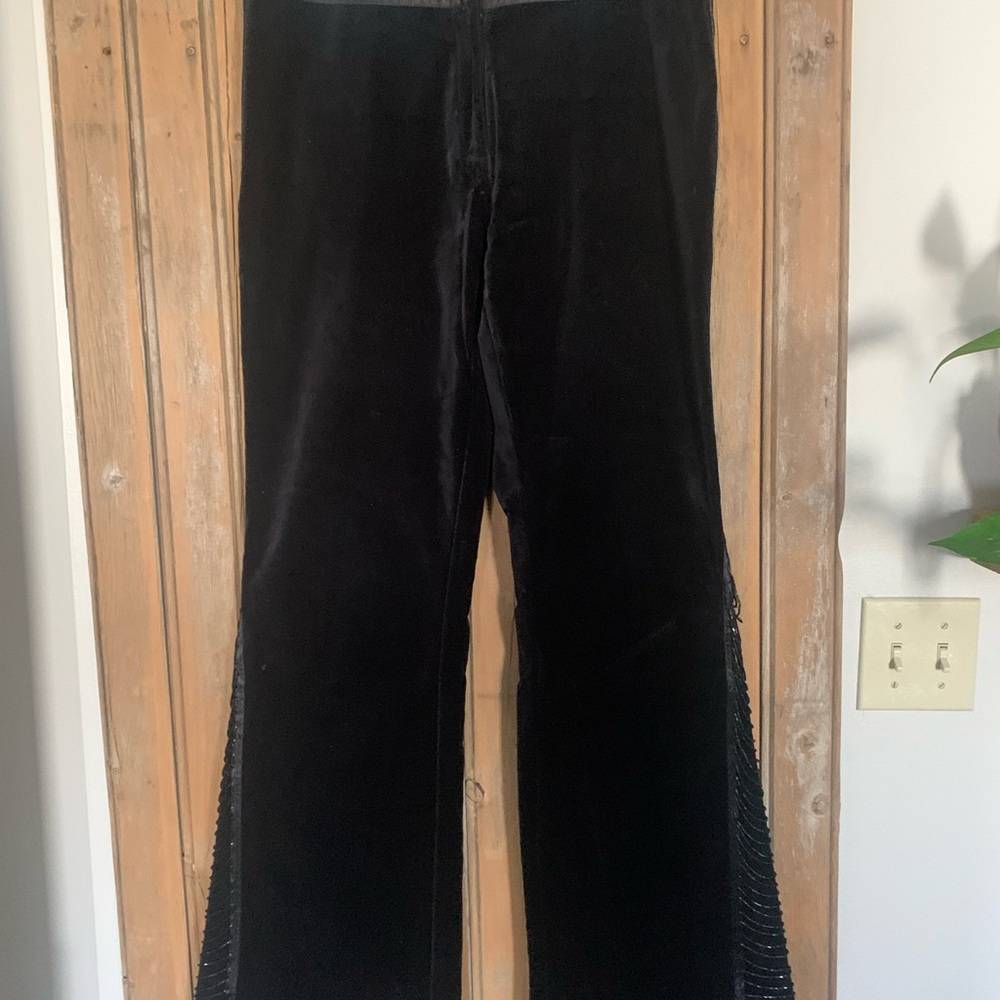 Beaded Velvet Flare Tuxedo Pants with Satin Waistband